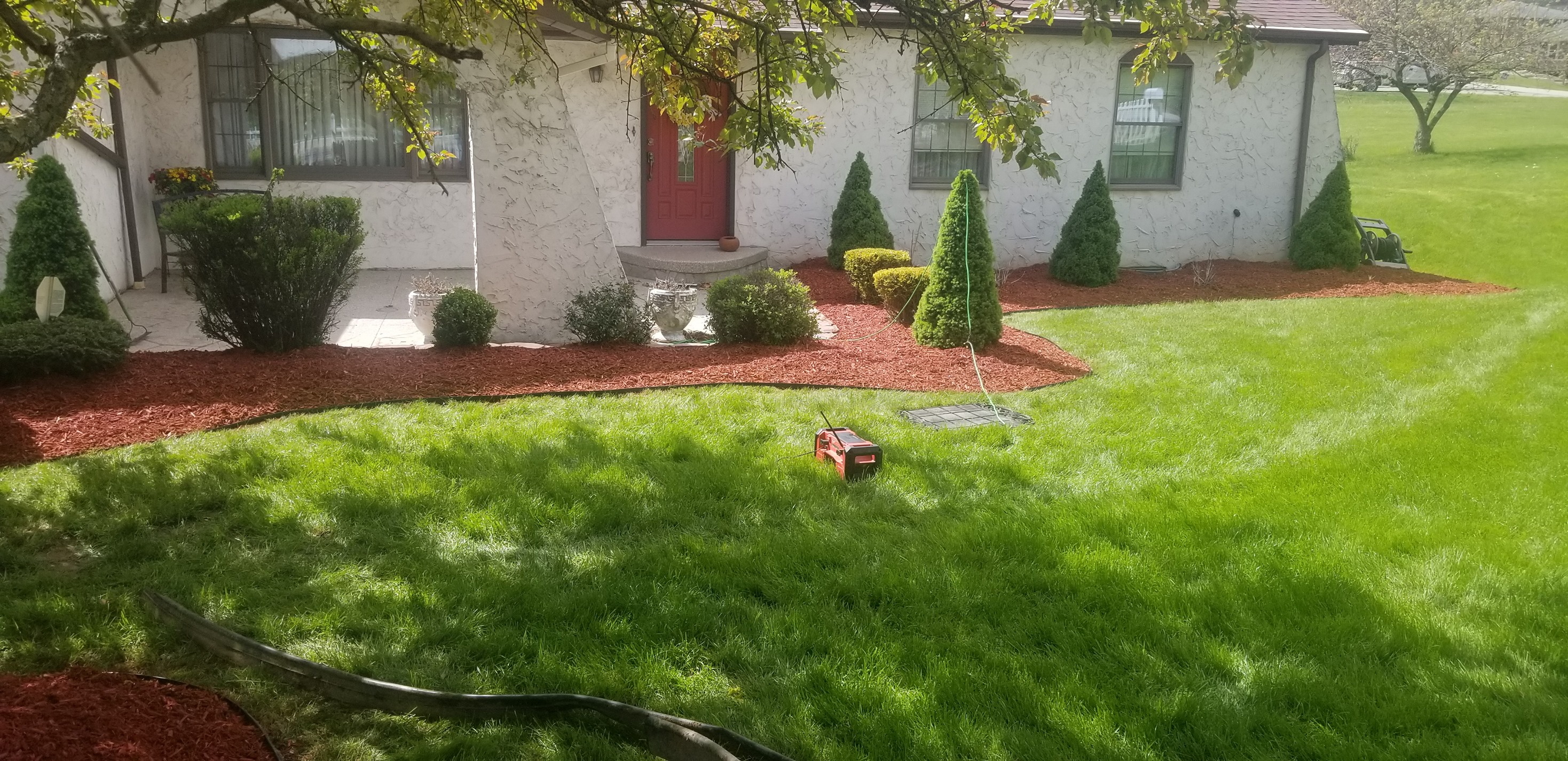 Red mulch landscaping with trimmed shrubs and manicured lawn